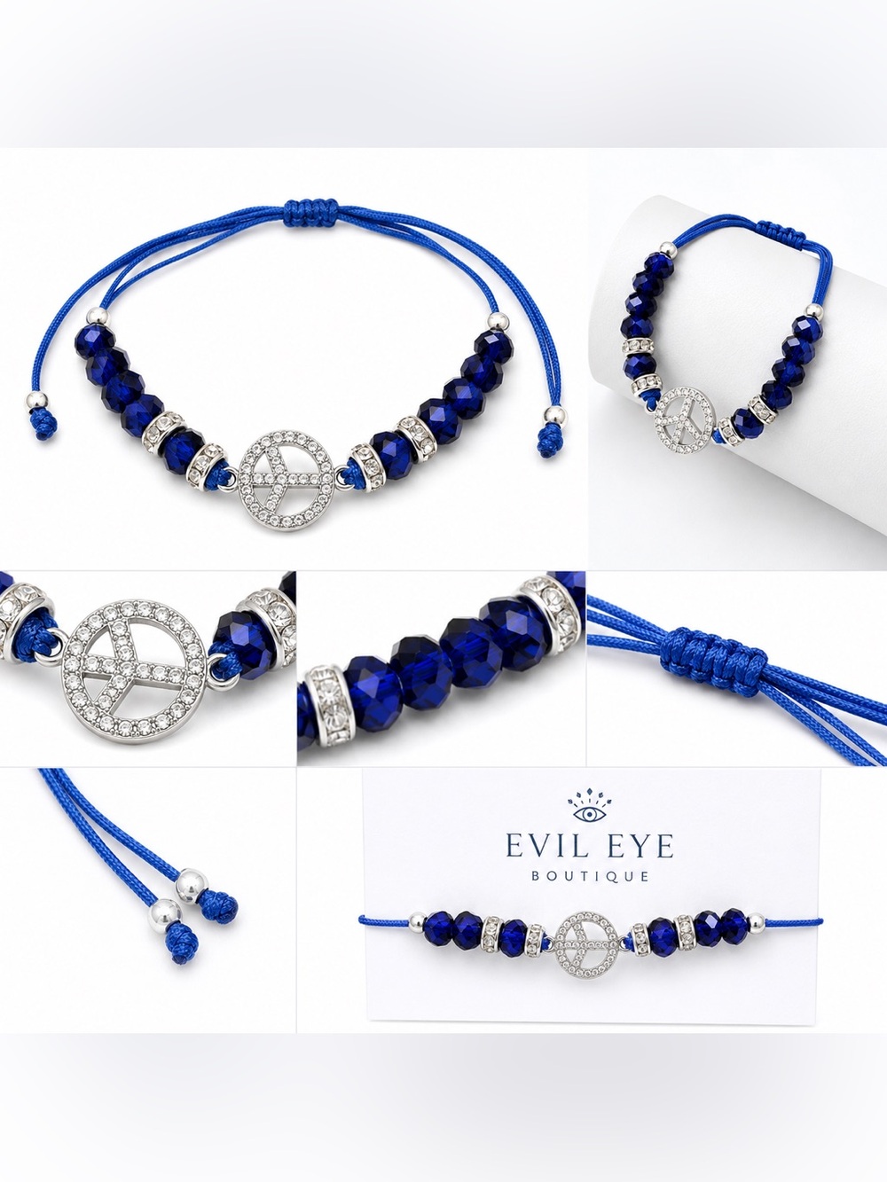 ☮️ Royal Blue Crystal Peace Charm Bracelet #81